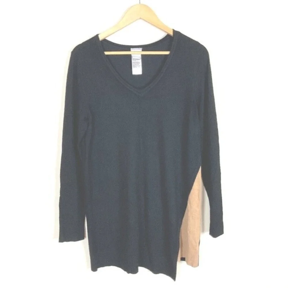 2/$30‎ Chicos Colorblock V-Neck Long Sleeve Black Tan  Size 1op